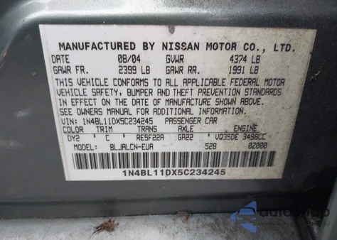 2005 Nissan Altima 3.5 Se z USA, uszkodzony, nr VIN 1N4BL11DX5C234245